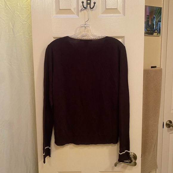 Ellen Tracy Brown Cardigan Sweater w/ Cream Trim - Picture 3 of 5